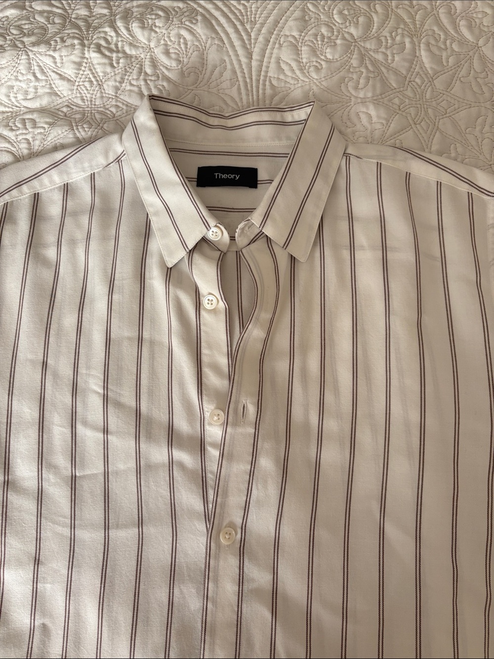 Theory Men's Cream Button-Up Shirt with Brown Pinstripes